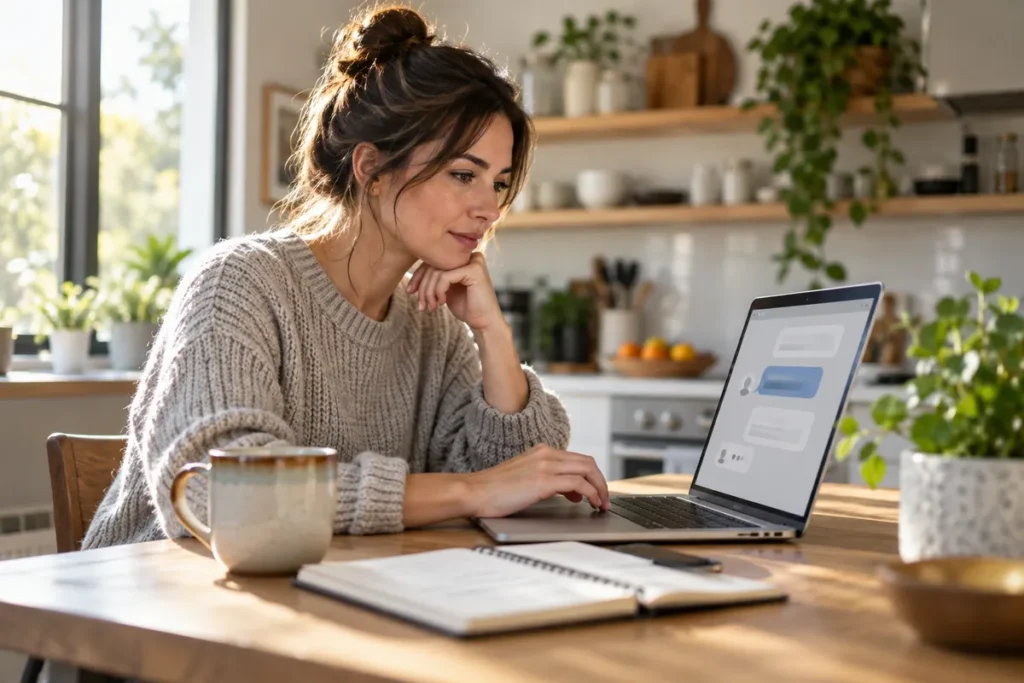 Business owner typing a question into an AI chat assistant on a laptop