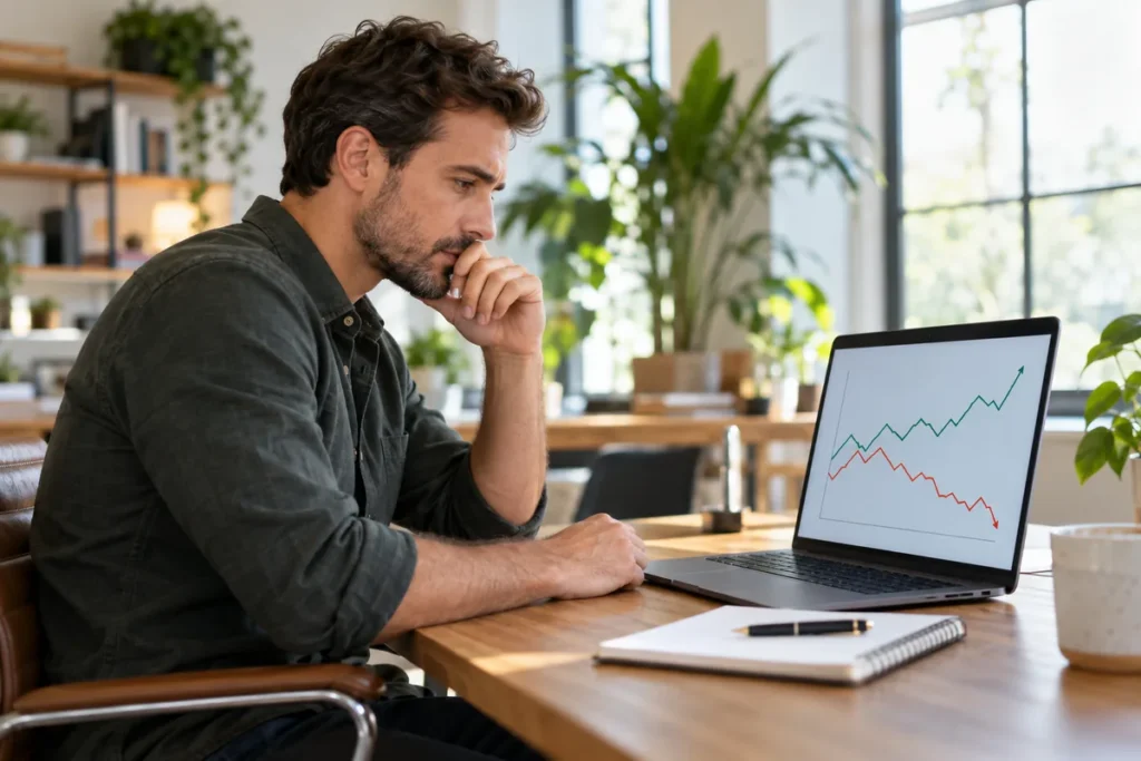 Business owner reviewing a website traffic chart on a laptop