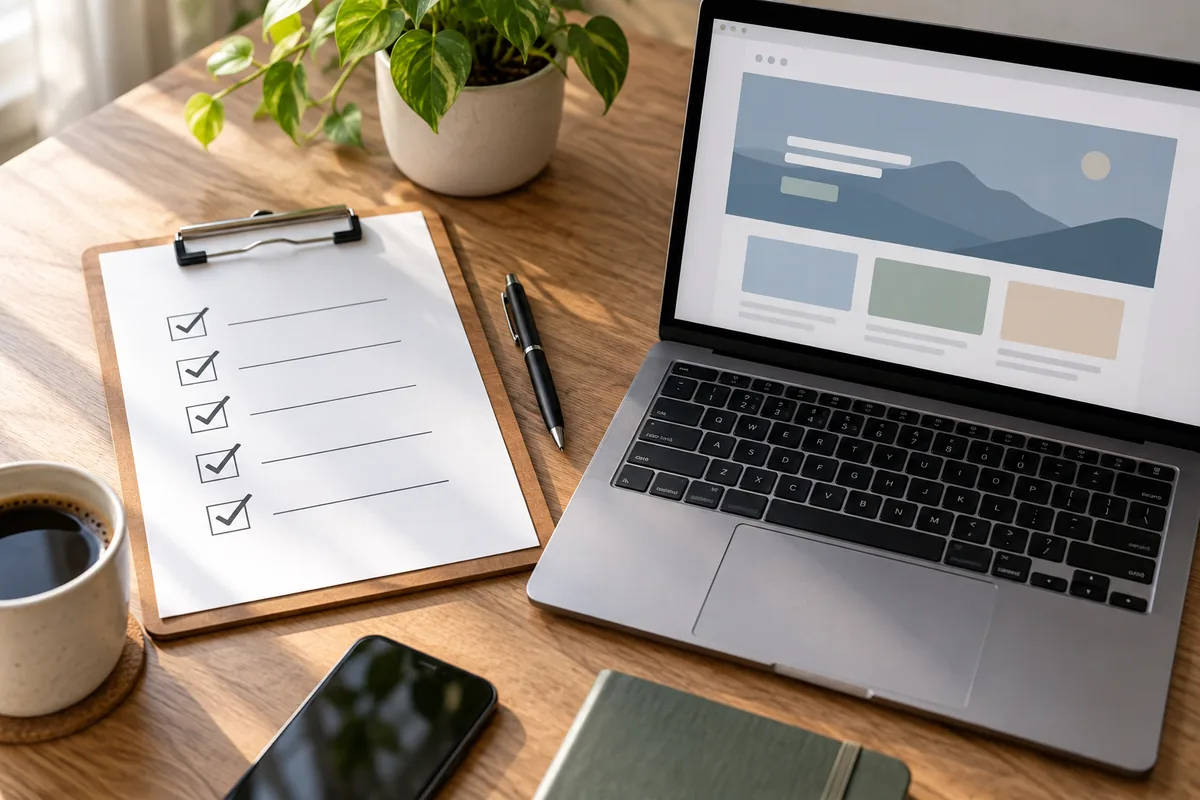 Desk with a checklist, pen, and laptop showing a website layout