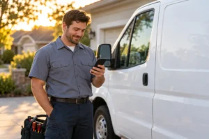 HVAC technician checking his phone beside a service van
