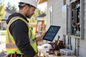 Electrician looking at a tablet on a job site