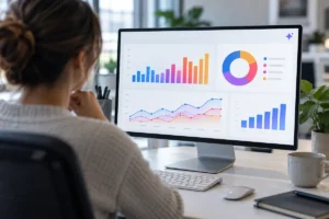 Marketer viewing analytics charts on a monitor with an AI icon