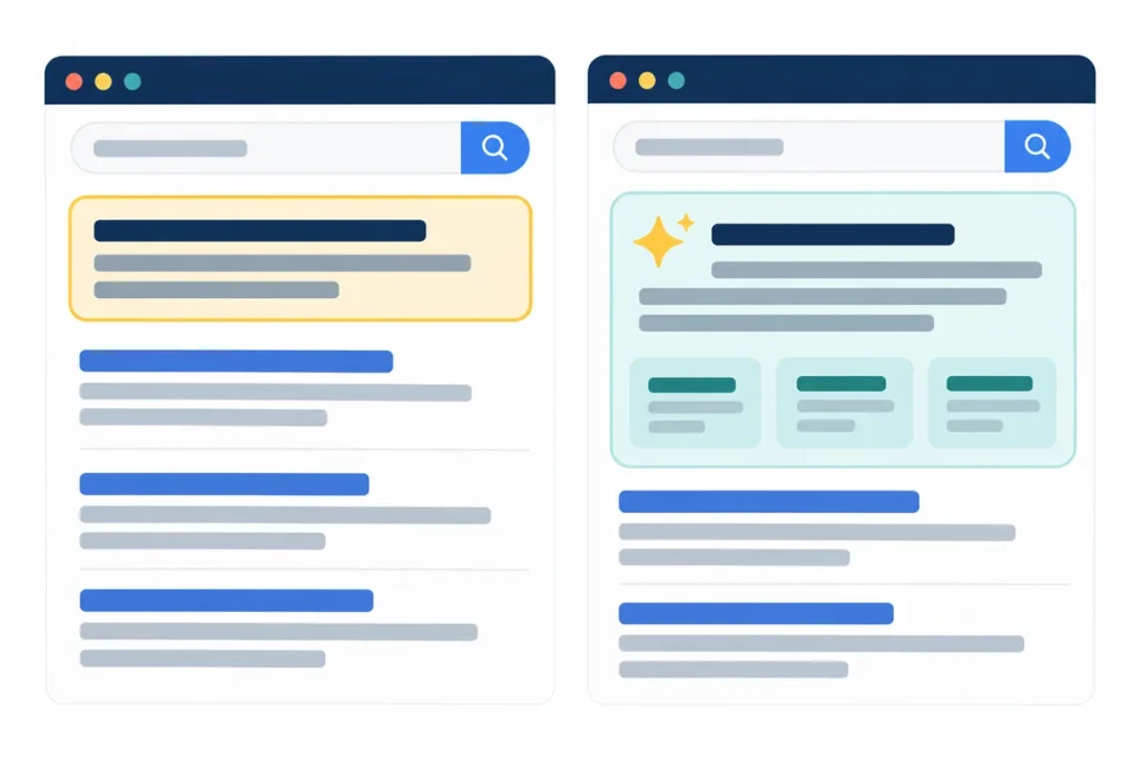 Featured Snippets vs AI Overviews: Which One Should a Local Business Aim For? 1 Illustration comparing a featured snippet box with an AI summary card