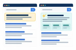Illustration comparing a featured snippet box with an AI summary card